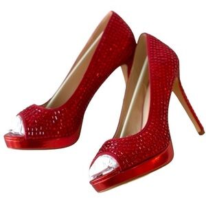 NEW! $100 Lauren Lorraine Red Heels Rhinestone Formal Dress Heels Sexy Sz 8.5M